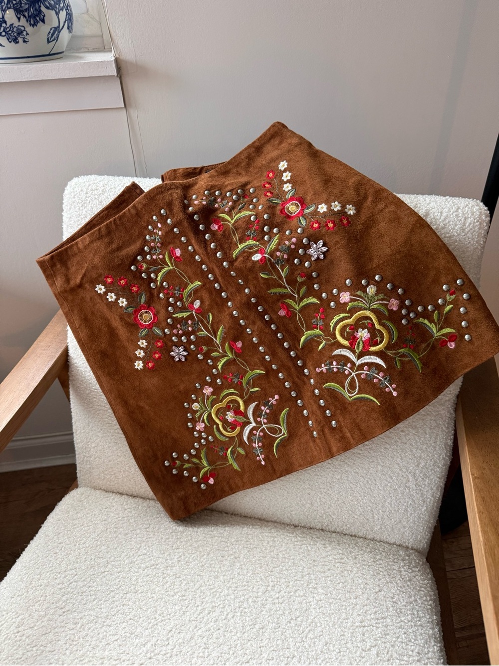 Zara Brown Suede Shoulder Bag with Floral Embroidery